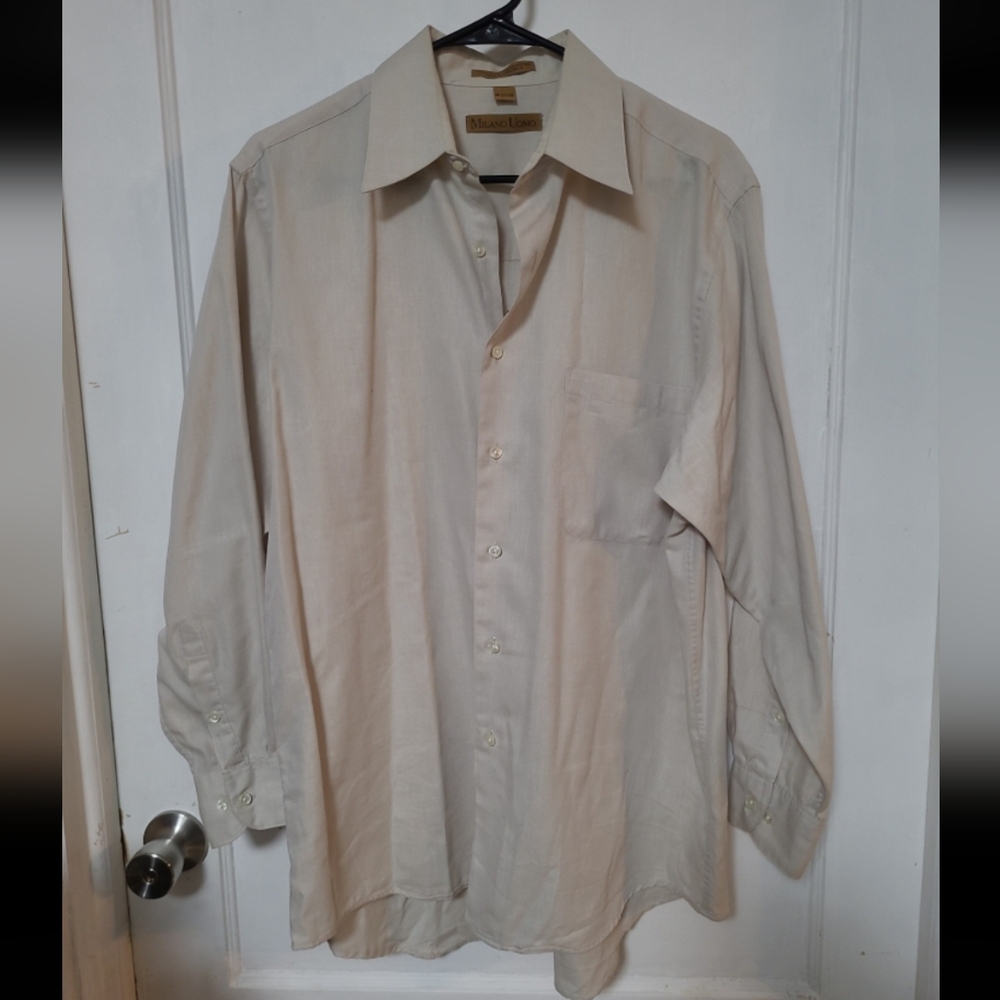 Milano Uomo Men's Cream Long-Sleeve Dress Shirt 16 Medium